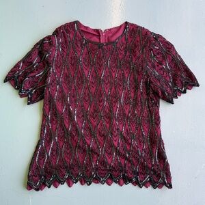 Vintage Burgundy and Black Glass Beaded Short Sleeve Blouse